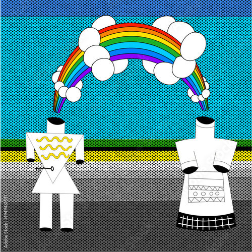 Surreal vector illustration of a man and woman in love under a rainbow. Abstract and emotional artwork symbolizing romance, passion, and connection.