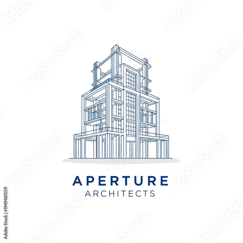 Detailed Line Art Modern Multi Story Building Structure Logo for Aperture Architects on Isolated White Background