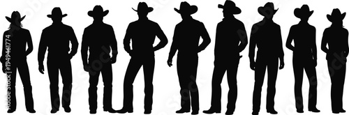 cowboy, silhouettes, western, men, women, standing, hats, people, ranch, country, isolated, characters, collection, rodeo, vector