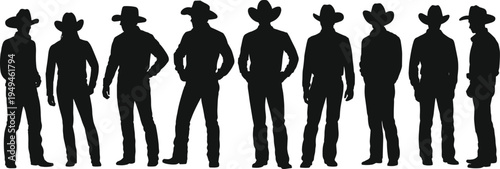 cowboy, silhouettes, western, men, standing, hats, ranch, rodeo, country, people, isolated, characters, collection, lifestyle, vector
