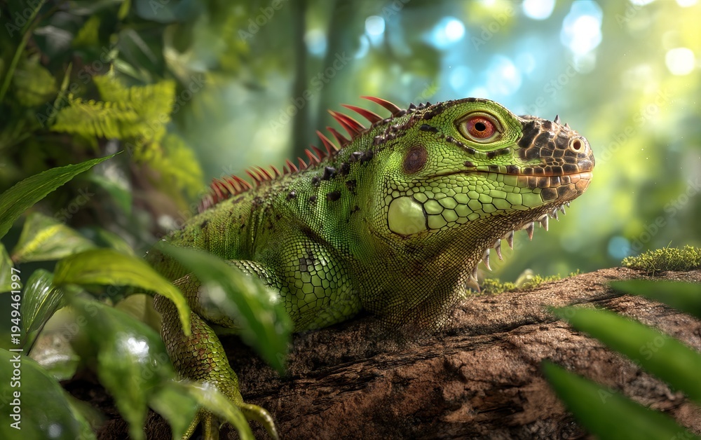 Fototapeta premium Detailed and Realistic Iguana Perched on Tropical Tree in Lush Environment