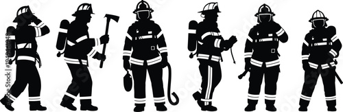 firefighter, silhouettes, fireman, rescue, emergency, safety, fire, department, hero, equipment, uniform, protection, service, vector, people