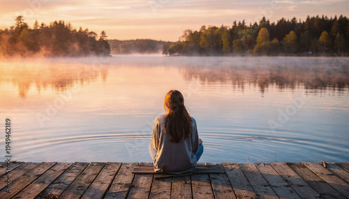 Serene Dawn Reflection: Young Woman Meditate by Misty Lake on Wooden Dock at Sunrise, Peaceful Morning Fog, Golden Light, Harmony, Nature Background