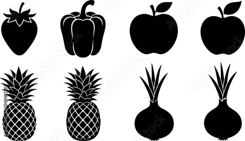 Fresh Fruit And Vegetable Silhouette Icon Collection Featuring Apple Pineapple Strawberry Bell Pepper And Onion For Kitchen Cooking Healthy Food And Grocery