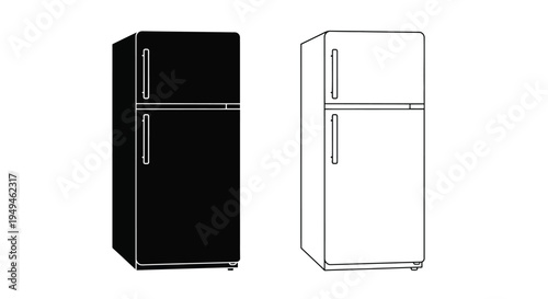 Two refrigerators one black one white side by side illustration