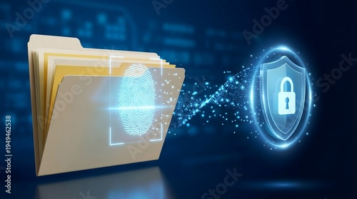 Digital file folder with biometric fingerprint security for confidential information storage.