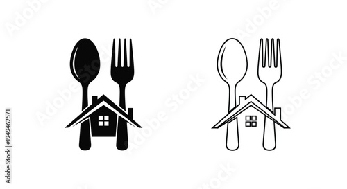 Black and white logo depicting cutlery forming a house shape shown twice