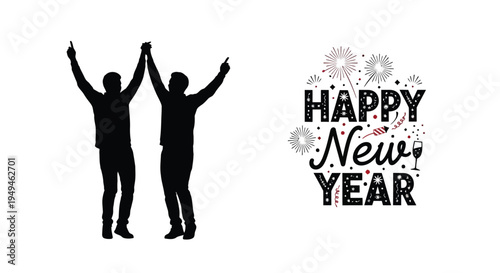 Celebrating new year two silhouettes with fireworks and festive text