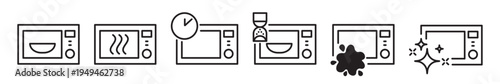 Simple microwave linear icons set with editable stroke. Linear appliance symbols for cooking, heating and kitchen use. Minimal outline design, household electronic oven icon set. 