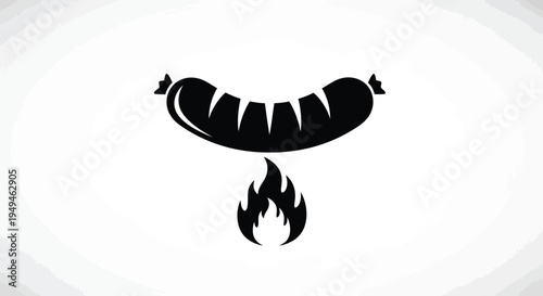 A black silhouette of a sausage grilling over a small flame