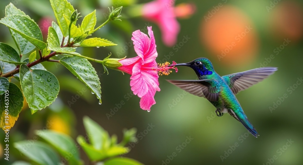 Obraz premium A vibrant blue and green hummingbird sips nectar from a bright pink flower