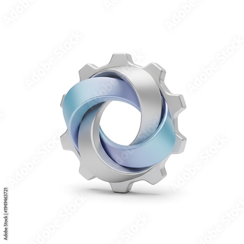 A 3d rendered silver gear intertwined with a smooth blue gradient ring on a clean white background