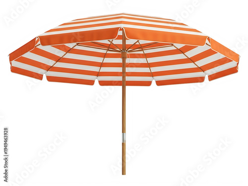 A large orange umbrella with white stripes on a white background