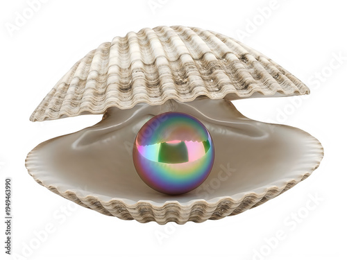 A pearl in an open seashell on a white background