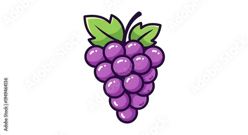 A cartoon illustration of a bunch of purple grapes with green leaves on a white background