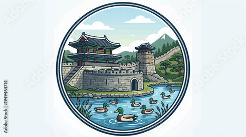Ancient Korean Fortress with Pagoda and Moat Ducks Swimming.