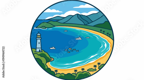 Lighthouse overlooking a serene bay with boats and sandy beach.