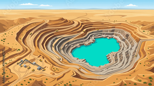 Massive Open Pit Mine with Turquoise Water Lake.