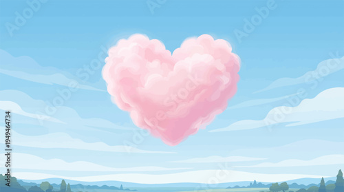 Fluffy pink heartshaped cloud floating in a serene sky.