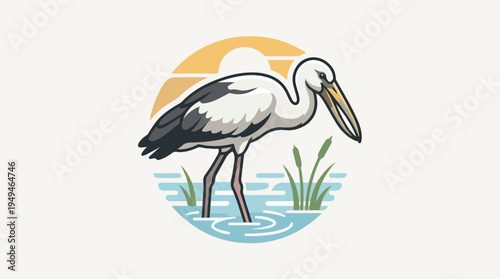 Graceful Stork Foraging in Water with Long Beak.