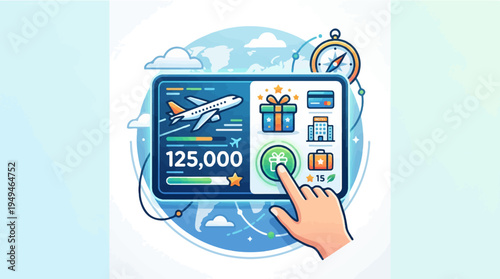 Hand Interacting with Digital Travel Rewards Program on Tablet Screen.