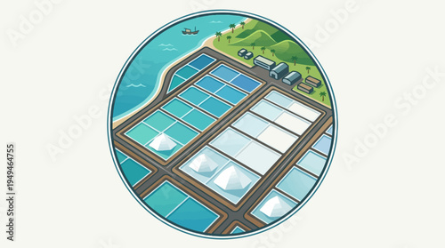 Aerial view of salt evaporation ponds with varying water colors.