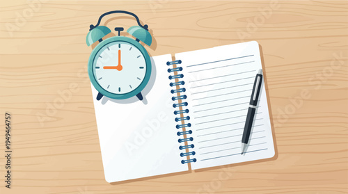 Alarm clock notebook and pen for time management and planning.