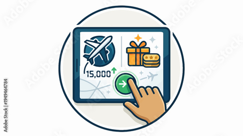 Digital Tablet Displaying Travel Rewards and Gift Options with Hand Tapping.