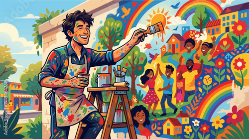 Joyful male artist painting a vibrant community mural with a large brush.