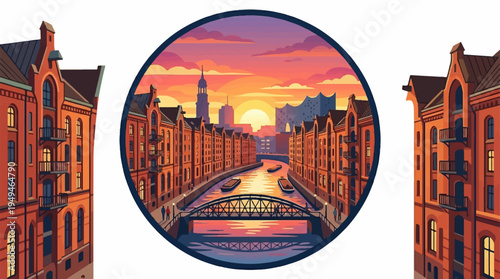 Hamburg Speicherstadt canal view at sunset with historic buildings.