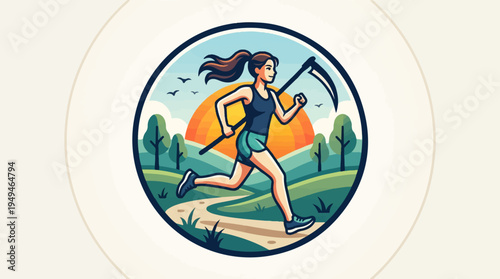 Dynamic illustration of a female runner with a scythe.