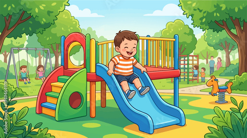 Happy young boy sliding down a colorful playground slide.