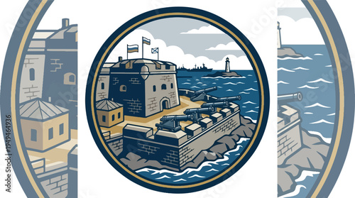 Historic coastal fortress with cannons overlooking the sea.