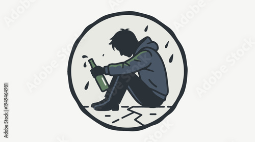 Depressed man with alcohol bottle in a circle.