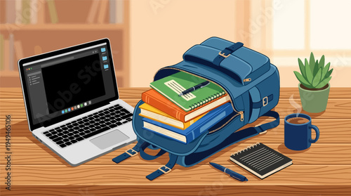 Students backpack overflowing with books next to a laptop and coffee.