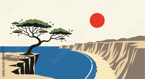Minimalist Japanese-style vector illustration of a solitary tree on a coastal cliff overlooking a calm blue ocean with a red sun in the sky, ideal for travel, nature, or serene landscape designs.