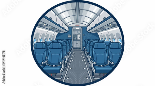 Empty airplane cabin with blue seats and overhead compartments.