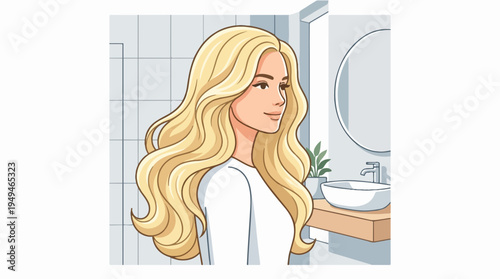 Beautiful young woman with long blonde wavy hair looking confident.