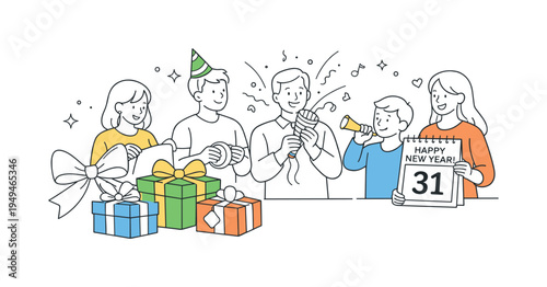 A seasonal celebration scene where people prepare decorative gift packages and festive surprises while welcoming the upcoming year with friends and family, visual metaphor of