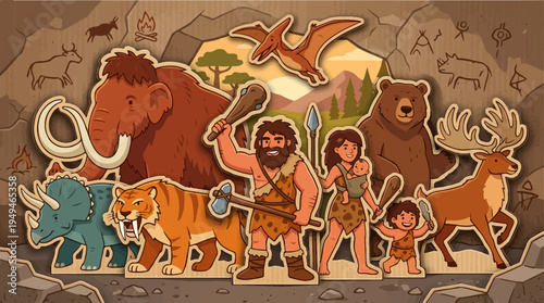 Prehistoric Family with Woolly Mammoth Saber Toothed Tiger and Other Ice Age Animals.