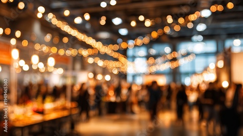 Blurry bokeh lights in modern indoor event space with crowd