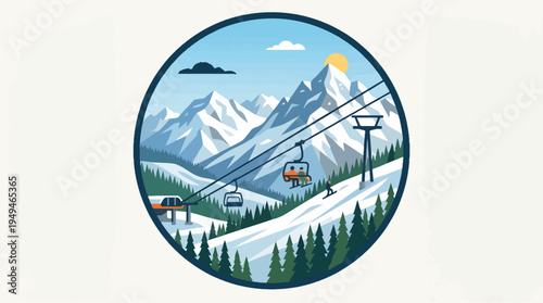 Ski resort with gondolas and snowcapped mountains.