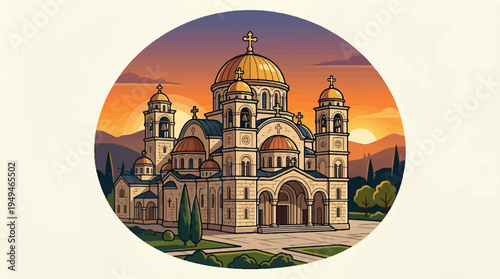 Grand Orthodox Cathedral with Golden Domes at Sunset.