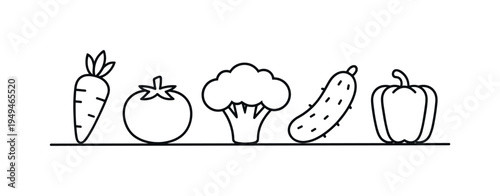 Organic vegetable ingredients used in home cooking and healthy meal preparation for nutritious everyday food routines, carrot, tomato, broccoli, cucumber, and bell pepper, natural