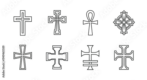 Collection of religious symbols various crosses and an ankh in line art