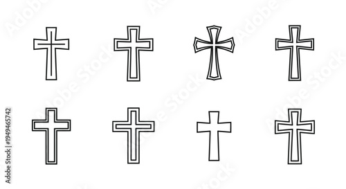 Collection of eight black and white line art christian crosses displayed on white