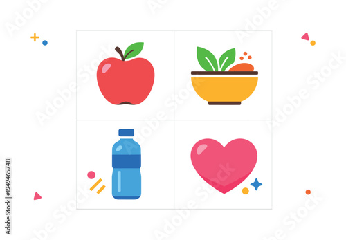 Healthy nutrition habits and balanced eating supporting everyday wellness, physical energy, and sustainable lifestyle choices in modern health conscious routines, four cohesive