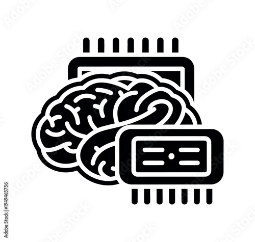 Neurotechnology and brain computer interface icon showing human organ connected to electronic hardware and microchip processor
