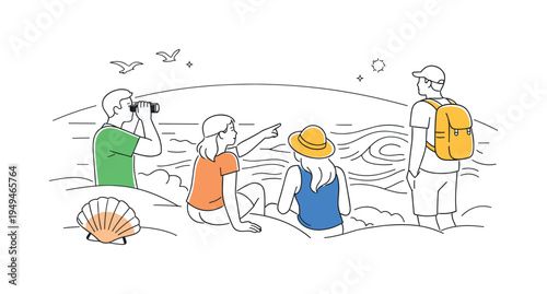 A peaceful coastal observation moment where a small group studies the movement of the sea and appreciates natural marine landscapes during a calm day by the ocean shore, visual