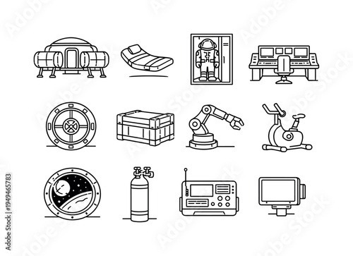 Futuristic space habitat: modular living pod, zero-gravity bed, space suit locker, control panel console, airlock hatch, storage container, robotic arm, exercise device